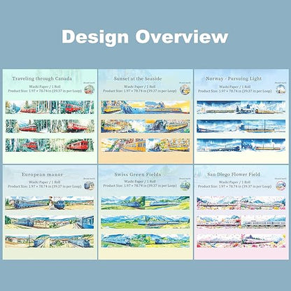 Train Scenery Washi Tape Set – 6 Rolls Travel & Nature Inspired with Clip for Scrapbook Journals DIY Crafts Decoration 1.97"x78.7" 39.37in per Loop