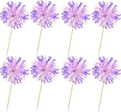 Ephlyn 30Pcs Foil Firework Cupcake Toppers Sparkle Tinsel Cupcake Picks Happy Birthday Cake Decorations Drink Stirrers Cocktail Food Fruit Toothpicks for Baby Shower Graduation Party Supplies Purple