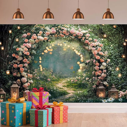 9x6ft Enchanted Forest Wedding Photography Backdrop Wonderland Roses Fairy Tale Backdrop Pink Flower Birthday Newborn Baby Shower Wedding Bridal Party Banner Photo Booth Props Anniversary Background