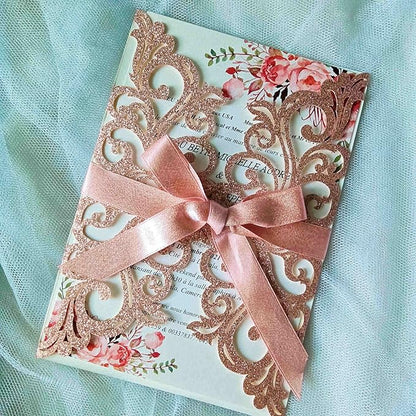 25PCS Rose Gold Laser Cut Wedding Invitations Cards with Envelopes,Blank Inner Sheets,Ribbons for Wedding Bridal Shower Quinceañera Engagement Birthday Invites, rose gold glitter