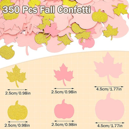 MARFOREVER 350 Pcs Fall Thanksgiving Pink and Gold Pumpkin Maple Leaf Confetti, Little Pumpkin Baby Shower Glitter Confetti Thanksgiving Table Decorations for Autumn Birthday Party Supplies