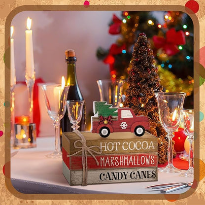 4 Pcs Christmas Table Decorations Red Truck Winter Tiered Tray Decorations Rustic Merry Christmas Table Centerpiece Wooden Books Signs for Office Shelf Classroom Tabletop Bookshelf