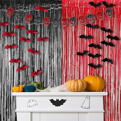 Foil Fringe Curtain Party Decorations - Black Red Metallic Tinsel Backdrop Party Steamers Curtains for Birthdays Halloweens Christmas Theme Prom Holidays Parties Decorations