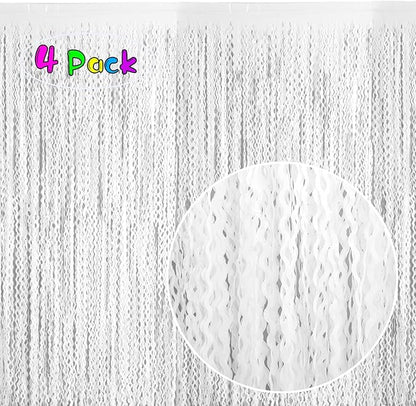 4 Pack White Door Streamers Foil Backdrop - 3.3x6.6ft Metallic Tinsel Foil Fringe Curtains Photo Booth Backdrop for Party Decoration
