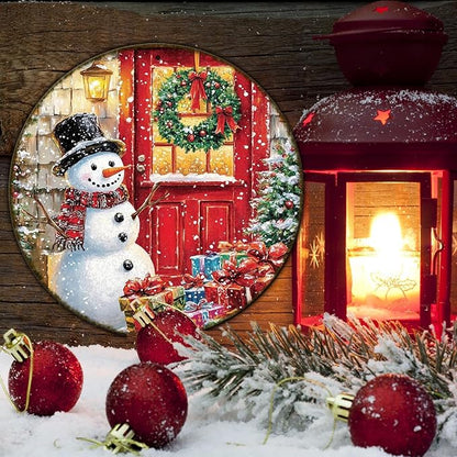 Round Wall Decor Christmas Metal Tin Sign Snowman Sign Rustic Wall Decor Wall Plaque Snowman Wreath Sign for Christmas Round Wreath Wall Decor Vintage Garage Yard Home Decor 12 * 12 in