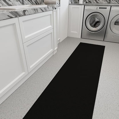 Ottomanson 2x20 Non Slip Extra Long Hallway Runner Rug with Rubber Backing - Solid Modern Kitchen Rug for Bedroom or Living Room, Black, 2' x 20'