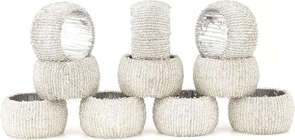 Decorative Beaded Napkin Rings Set of 12 - Rhinestone Serviette Holder for Table Décor, Christmas, Thanksgiving, Weddings, Parties, Artisan Festive Luxury Dining Napkin Holders (Silver) - CLEENTABLE