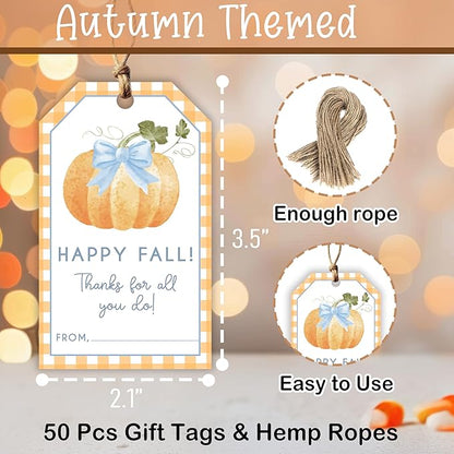50 Pcs Fall Gift Tags, 2.1"×3.5" Thank You Gift Tags for Party Favors, Pumpkin Happy Fall Thanksgiving Gifts Tags for Party Favor - B10