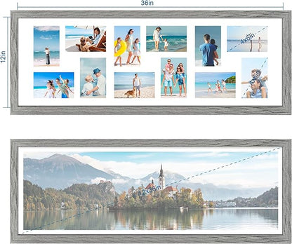 12x36 Picture Frame 2 Packs, Real Glass and Grey Wood Frame, Display Collage Pictures Twelve 4x6 With Mat or Pennant 12 x 36 Without Mat - Horizontal or Vertical Wall Mounting