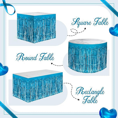 1 Pack Lake Blue Table Skirts, 29x108" Metallic Foil Tinsel Fringe Table Skirts for Rectangle Tables Streamer Curtains Backdrop, Party Decorations for Birthdays Weddings Holidays