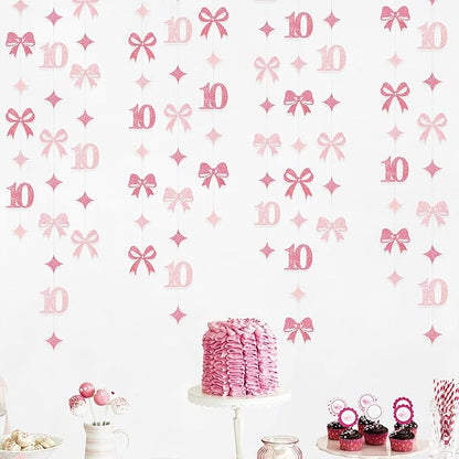 Glitter Pink 10th Bow Birthday Decorations Hot Pink Conquette Bow Garland Streamer Banner Backdrop for Girls Happy 10th Birthday Double Digits I'm 10 Cheers to 10 Years Old Anniversary Party Supplies