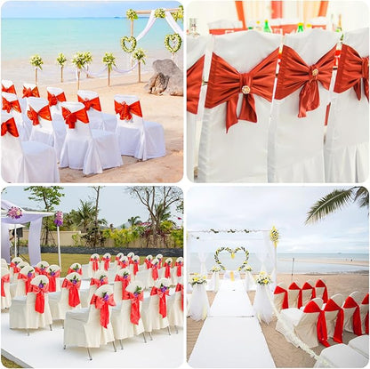 50 PCS Red Satin Chair Sashes Bows Universal Chair Ribbon Ties Back Sash for Wedding Party Reception Events Banquets Hotel Event Chair Cover Decoration (7x108 inch)