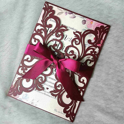 25PCS Laser Cut Burgundy Wedding Invitations Cards with Envelopes,Blank Inner Sheets,Ribbons for Wedding Bridal Shower Quinceañera Engagement Birthday Invites, (B001)
