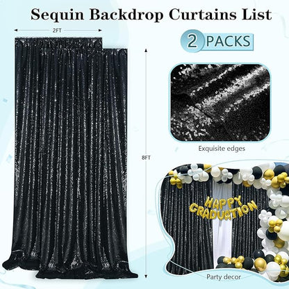 Black Sequin Backdrop 2 Panels 2FTx8FT Halloween Backdrop Curtains Party Decorations Birthday Wedding Photo Backdrop