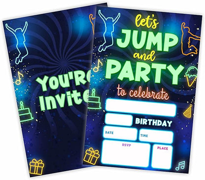 Glow Trampoline Birthday Invitations, Let's Jump & Party Birthday Invite Cards（20 Count) With Envelopes, Neon Double-Sided Fill In Style Invite Cards For Boys & Girls, Birthday Party Supplies-B07