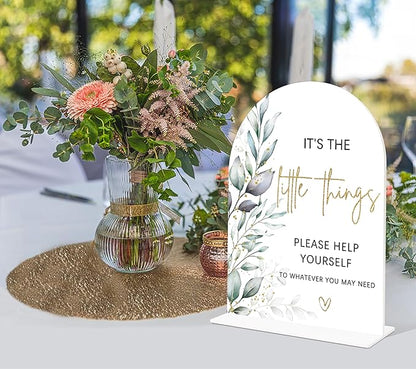 Acrylic Wedding Signs, Greenery Theme It's The Little Things Please Help Yourself Sign, Wedding Reception Signage, Bridal Shower Table Decor with Stand, Anniversary, Newlywed Events Supplies, 15