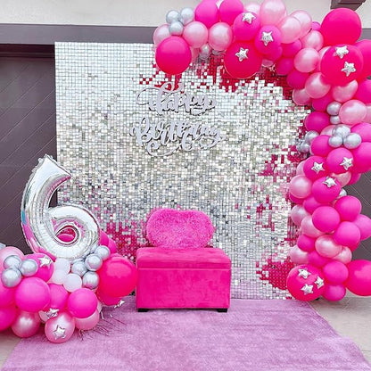 Qcity Silver Shimmer Wall Backdrop 48PCS, Black Back Not See-Through Design, Square Sequin Glitter Backdrop Panel, Perfect for Outdoor Events, Birthdays, Wedding and Party Decoration