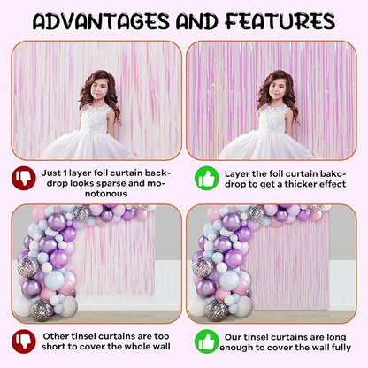2 Pack Iridescent Transparent Foil Fringe Backdrop Curtains, Tinsel Streamers Birthday Party Decorations, Fringe Backdrop for Graduation, Baby Shower, Gender Reveal, Disco Party