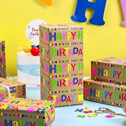 Yarcony Kraft Birthday Wrapping Paper Mini Roll, Gift Wrapping Paper, Heavyweight Brown Colorful Text Happy Birthday Gift Wrap Thick Paper for Present Packaging, Hioliday, All Age (17 Inch X 33 Feet)