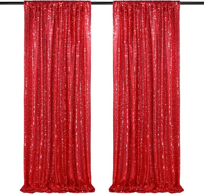 QueenDream Red Sequin Backdrop 2 Panels 2FTx8FT Christmas Party Backdrop Curtains Glitter Photo Background Wedding Stage Decorations