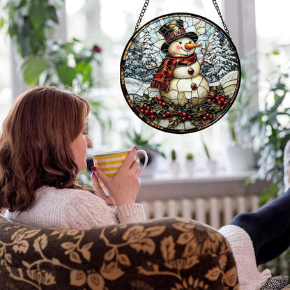 Stained Glass Window Hanging - Christmas Snowman Suncatcher for Door Terrace Garden Home Decor Winter Forest Snow Sun Catcher Birthday Gifts for Lovers Women Men Dad Mom Nana 7.8 in
