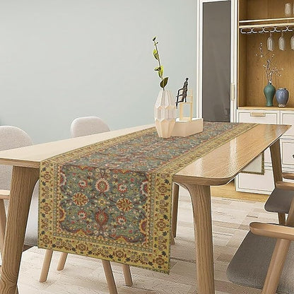Boho Floral Vintage Beige Blue Table Runner, Retro Flower Rustic Country Farmhouse Abstract Pattern for Home Kitchen Table Decor Dining Coffee Room Party Decor 13x36in