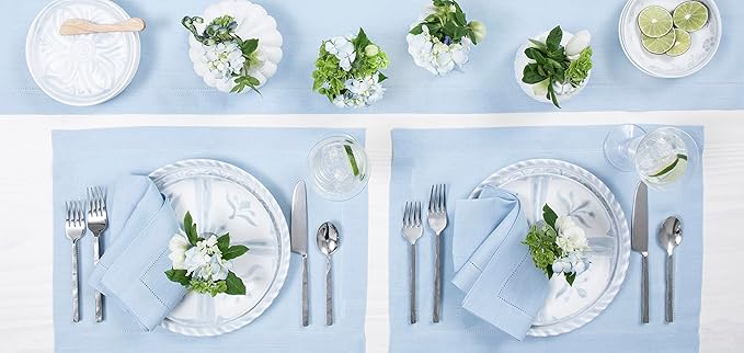 Solino Home Linen Sky Blue Table Runner 36 Inches - Classic Hemstitch, 100% Pure Linen Coffee Table Runner 14 x 36 Inch Ideal for Dresser Tables - Holiday