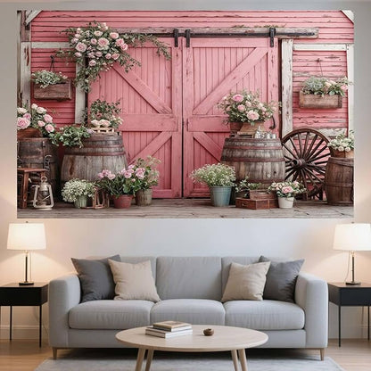 8x6ft Country Wedding Pink Photography Backdrop Rustic Wooden Barn Door Photography Backdrop Farmhouse Flower Western Girl Birthday Baby Shower Wedding Bridal Party Banner Photo Booth Props Background