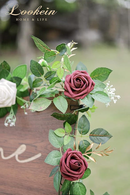 Lookein Artificial Rose Flower Garland Greenery Garland 5FT for Wedding Ceremony Backdrop Arch Flowers Table Centerpieces Decorations, Burgundy