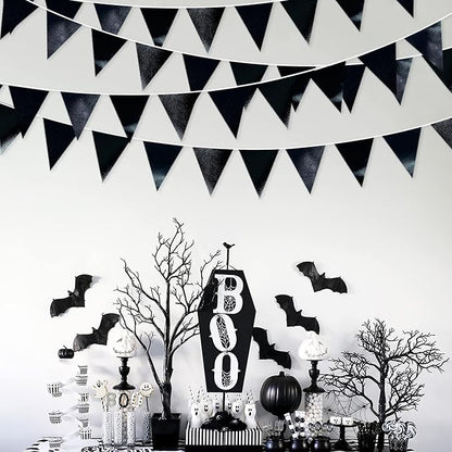 Black Party Decorations Triangle Pennant Banner Flag Black Metallic Fabric Bunting Garland for Graduation Birthday Wedding Engagement Bachelorette Holiday Halloween Celebration Hen Party Supplies