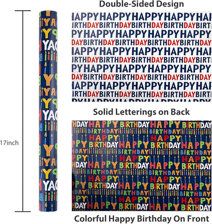 Yarcony Reversible Birthday Wrapping Paper Roll - 17 Inch X 33 Ft(46.8 Sq.Ft.Ttl) - Creative Colorful Happy Birthday Lettering & Candle Navy Blue Gift Wrap for Party, Baby Shower & Holiday