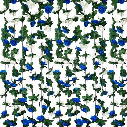 16Pcs 126Ft Royal Blue&White Rose Garland, Fake Rose Hanging Flowers, Artificial Flower Vine, Hanging Floral Vine Garland for Wedding, Wall Arch, Halloween, Christmas Garden Backdrop Decor