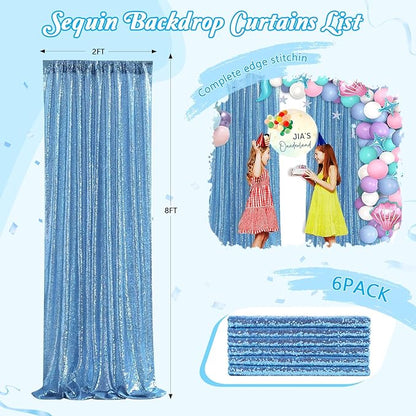 Baby Blue Backdrop Curtains for Party Sequin Fabric 12ftx8ft for Wedding Photography Background Home Decorations 6 Pieces 2ftx8ft