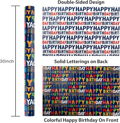 Birthday Wrapping Paper Roll - 30 Inch X 33 Feet - Reversible Metallic Foil Navy Blue Party Hat Theme Boy Gift Wrap Paper Blue Polka Dot Men Present Sheet for Kid Birthday, Party, Holiday, Celebration
