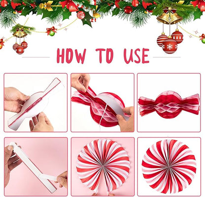 Christmas Hanging Paper Fans Decoration Christmas Peppermint Candy Hanging Ornaments Party Ceiling Hangings Deco Candy Tissue Paper Fans Backdrops Party Supply