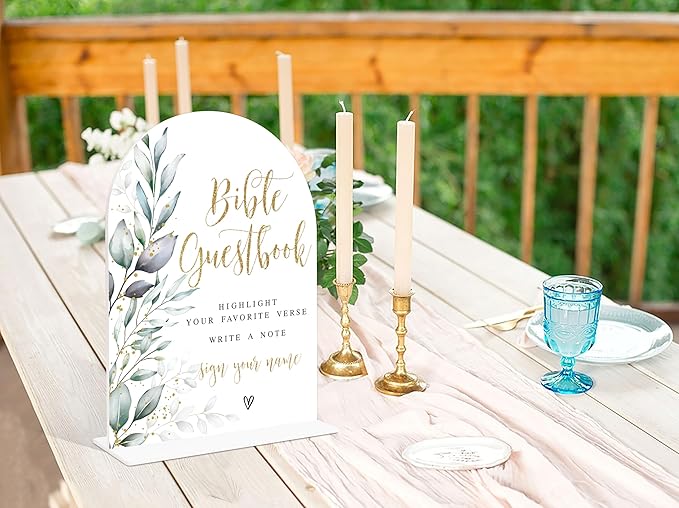 Acrylic Wedding Signs, Greenery Theme Bible Guestbook Sign, Wedding Reception Signage, Bridal Shower Table Decor with Stand, Engagement, Anniversary, Newlywed Events and Parties Supplies, 21