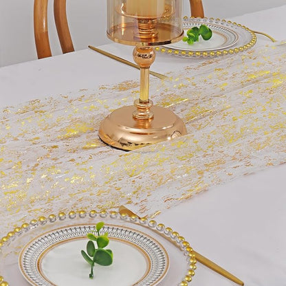 LOMOHOO 10 Ft Gold Table Runner, Golden Sheer Sequin Table Runners 120 Inches Long Glitter Metallic Foil Lace Fabric Table Decor for Birthday Party Wedding Anniversary Centerpiece (4pcs)