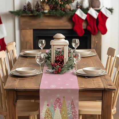 GEEORY Christmas Table Runner 13x120 Inch, Xmas Trees Snowflakes Holiday Decorative Farmhouse Table Decoration for Kitchen Dinning, Indoor Outdoor Dinner Party Decor (Pink) GT153-120