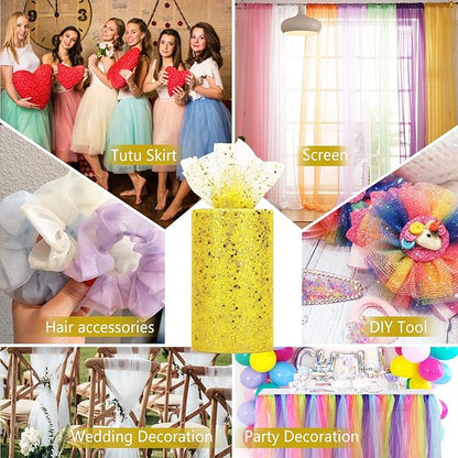 Glitter Tulle Rolls, 6” by 50 Yards (150FT) Sparkling Tulle Spool Ribbon Sequin Tulle Netting Fabric for Tutu Skirt Wedding Birthday Baby Shower (Yellow)