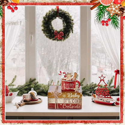 4 Pcs Christmas Table Decor Wooden Hot Cocoa Decoration Christmas Centerpiece Winter Tiered Tray Decor Decorative Red Hot Cocoa Block Signs Gift Farmhouse Xmas Decoration for Home Kitchen
