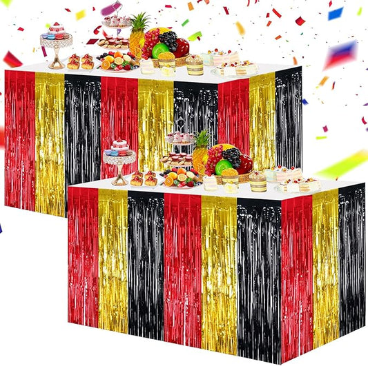 BEISHIDA 2 Pack Red Gold Black Table Skirts Party Decorations Metallic Tinsel Foil Fringe Decors for Rectangle and Round Table Graduation Casino New Year Mouse Theme Birthday Party Decorations