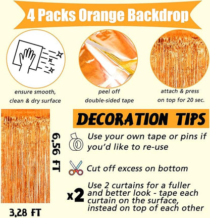 4 Pack Orange Fringe Curtain Backdrop, 3.2Ft x 6.6Ft Metallic Tinsel Foil Fringe Streamers Background for Photo Booth Birthday Wedding Baby Shower Carnival Easter Mother’s Day Party Decorations