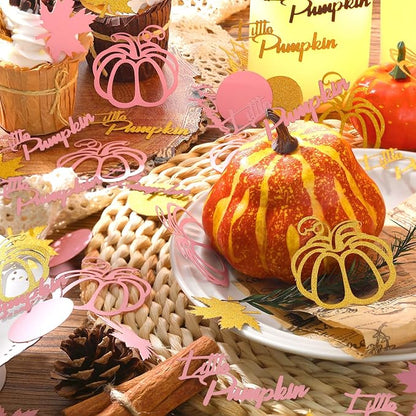 Ferraycle 400 Pcs Thanksgiving Pink and Gold Pumpkin Confetti Christmas Baby Shower Maple Leaf Confetti Glitter Thanksgiving Pumpkin Decorations Table Decorations for Birthday Party Supplies