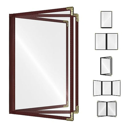 Goodsmart Restaurant Menu Covers - Burgundy, 25 Pack, 8.5" x 11", 3-Page/6-View, Side-Loading Vinyl Menu Holders, Clear Sleeves, Double-Stitched Edge, Leather-Style Café Covers with Gold Corners