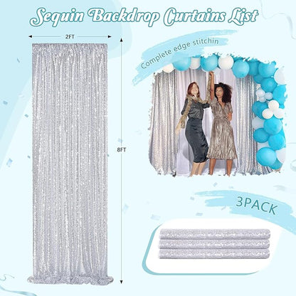 Silver Sequin Backdrop Party Decorations - 3 Packs 2ft x 8ft Silver Photography Background Curtain for Christmas Birthday