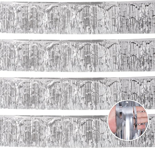 Silver Birthday Decorations Tinsel Garland Parade Float Decorations for Trailer 4Pack 12FT Disco Party Decor Ceiling Fringe Banner Backdrop for Christmas Streamers Party Decorations