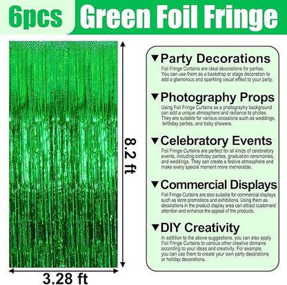 6 Pack Green Foil Fringe Curtain Backdrop, 3.28Ft x 8.2Ft Metallic Tinsel Foil Fringe Streamer Curtains for Photo Booth, Birthday, Wedding, New Year Party Decorations