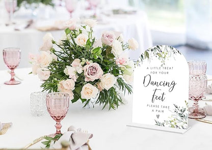 Greenery Dancing Feet Sign, 6 x 8 Inch White Arch Acrylic Wedding Sign with Holder, Wedding Sign for Ceremony and Reception, Wedding Decoration, Wedding Supplies - LY24