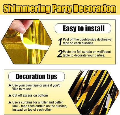6 Pack Black Gold Foil Fringe Curtain Backdrop, 3.28Ft x 8.2Ft Metallic Tinsel Foil Fringe Streamer Curtains for Photo Booth, Birthday, Wedding, New Year Party Decorations