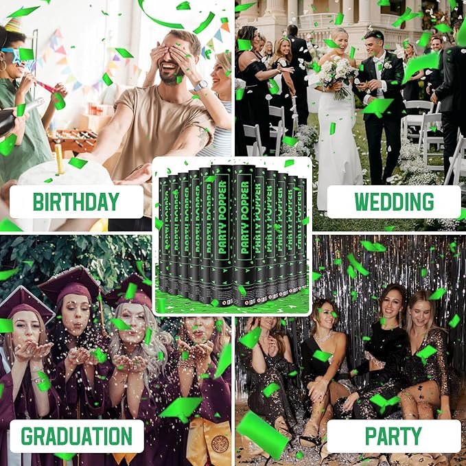 Party Poppers Confetti Cannon 12 Pack Green Poppers 12 Inch Party Shooters Mylar Confetti Green Foil Confetti Cannons Bulk for Wedding Birthday Graduation Baby Shower Christmas New Year